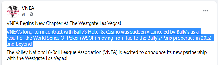 Wsop 2022 Moving To Bally S According To Displaced Pool League Association Gambling Industry News