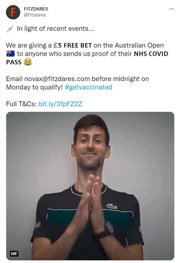 fitzdares betting offer covid and tennis player Novak Djokovic