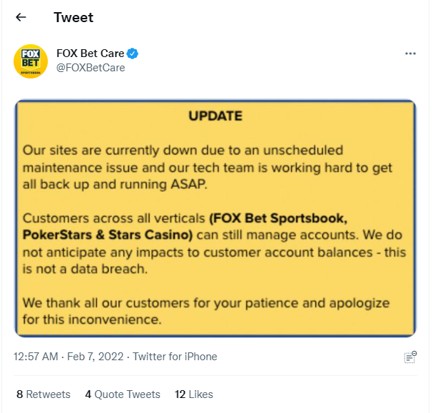 FoxBet Down Twitter annoucement