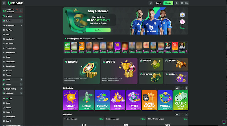 BC Game's crypto casino homepage