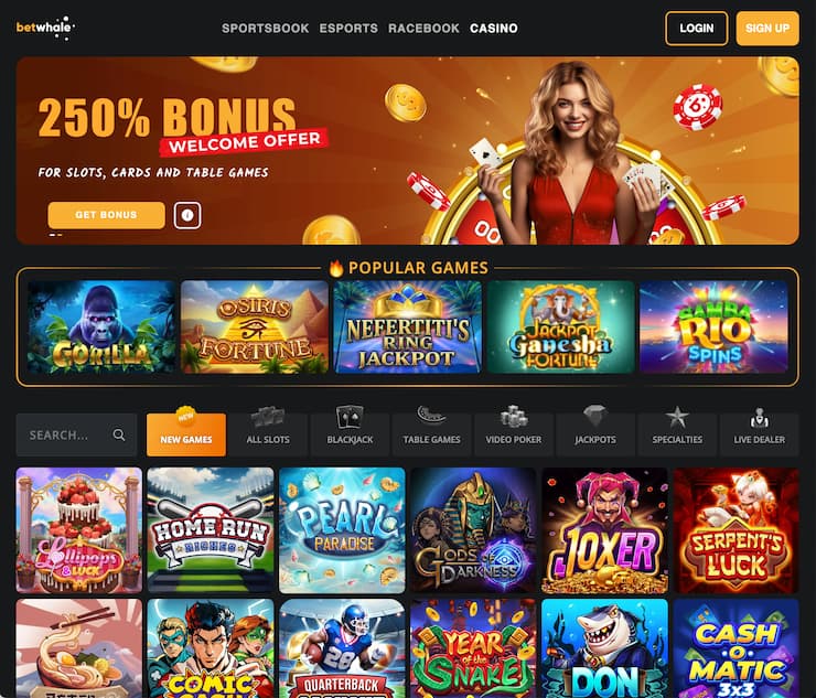The BetWhale VPN casino homepage