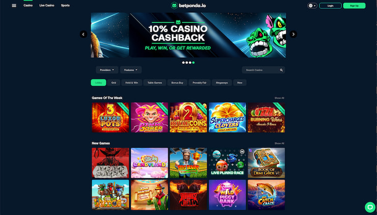 Betpanda's online casino homepage
