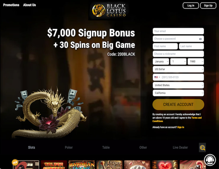 The Black Lotus online casino homepage