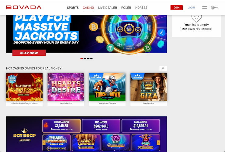 The Bovada US online casino homepage