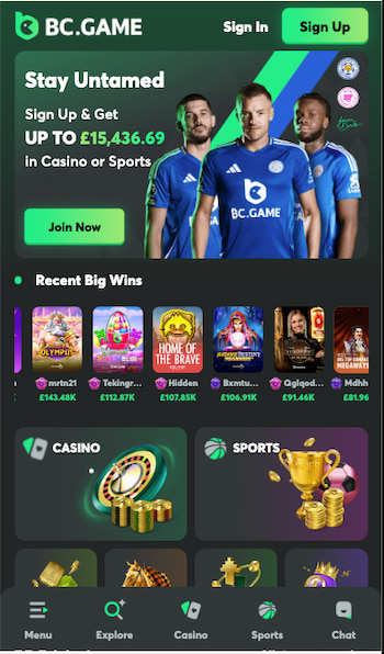 BC Game's mobile homepage