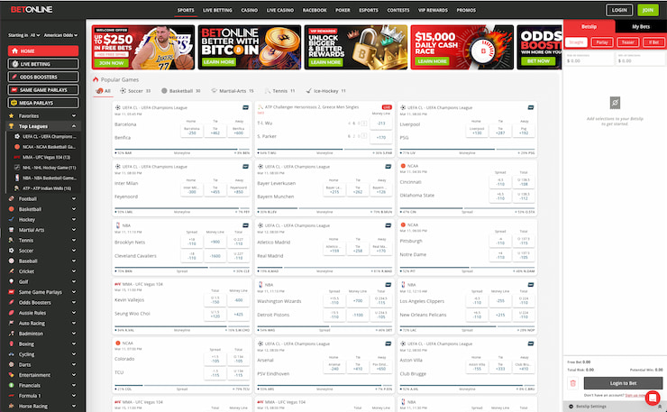 The BetOnline sports betting homescreen