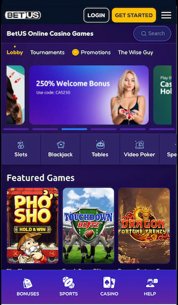 BetUS's mobile homepage for app users 