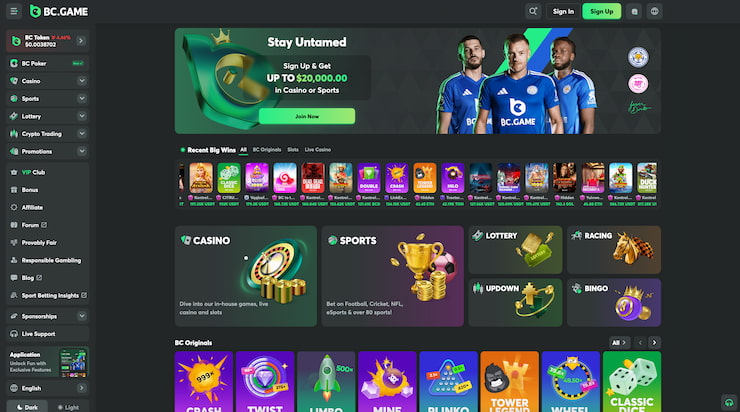 snapshot of no kyc casino BC.GAME homepage