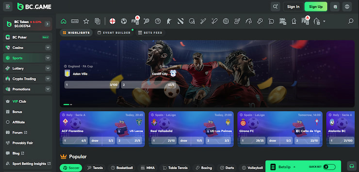 The crypto sportsbook BC.Game sports betting interface for us bettors