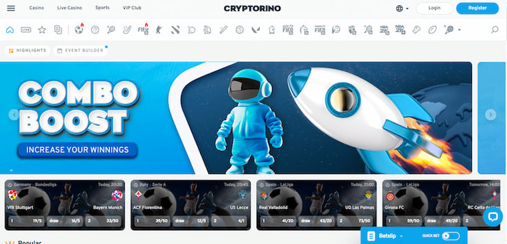 A snapshot of Cryptorino - a US crypto betting sportsbook 