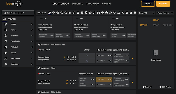 A screenshot of the BetWhale offshore sports betting options