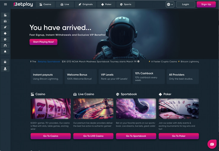 A snapshot of Betplay Casino Homepage