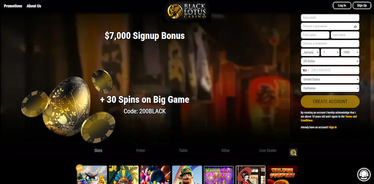 High-stakes gaming lobby at Black Lotus, featuring elite online poker and slots for CO real money gambling players