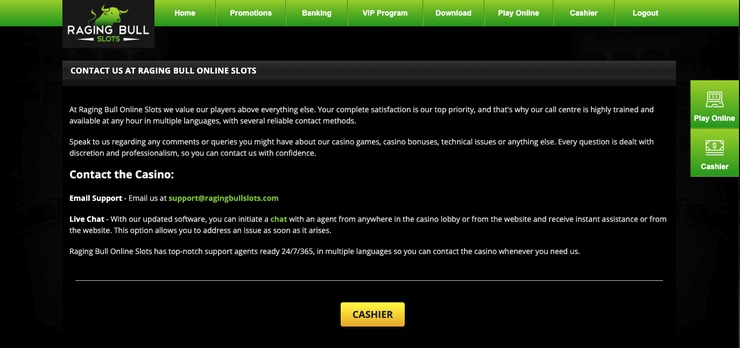 A snapshot of Raging Bull's Customer Support Page