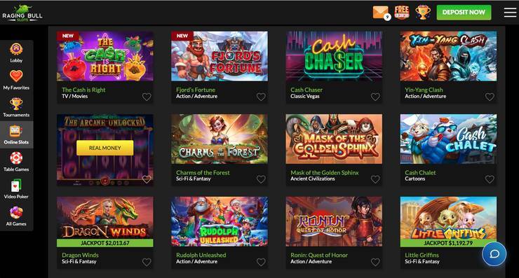 A screenshot of the homepage of best online casino: Raging Bull.