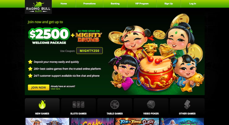 A snapshot of Raging Bull casino's home page 