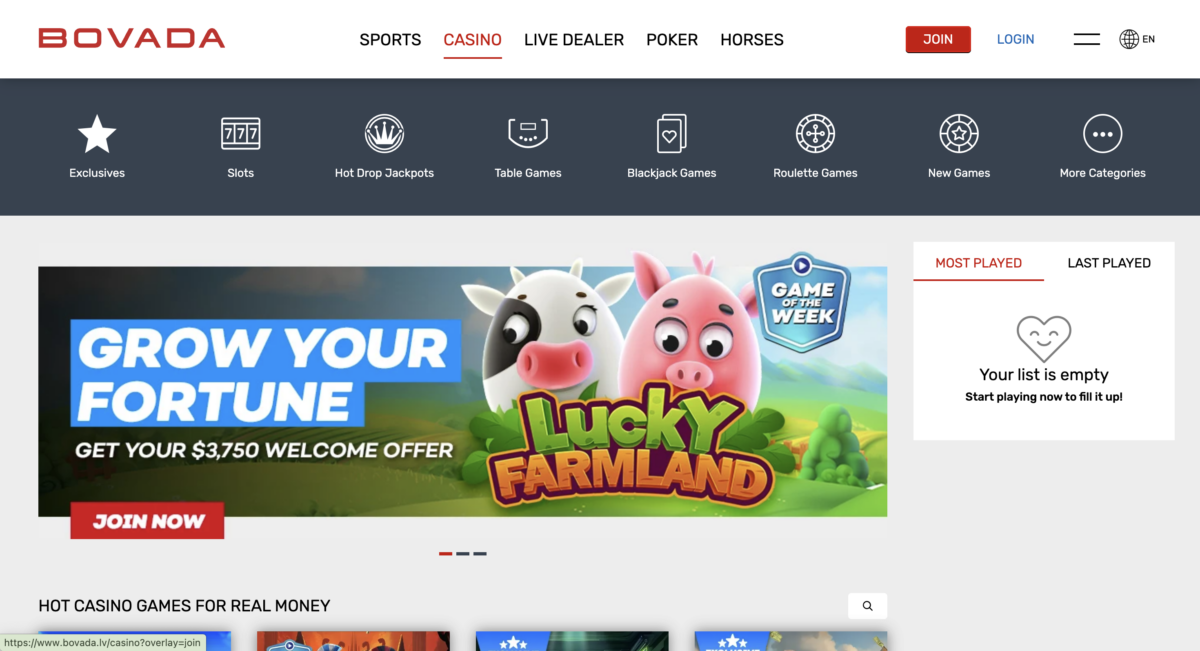 A snapshot of the casino sign up bonus of Bovada