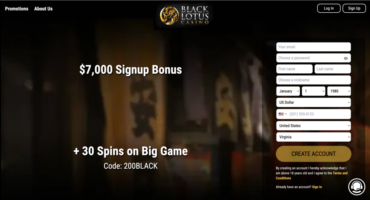 A snapshot of the casino sign up bonus of Black Lotus