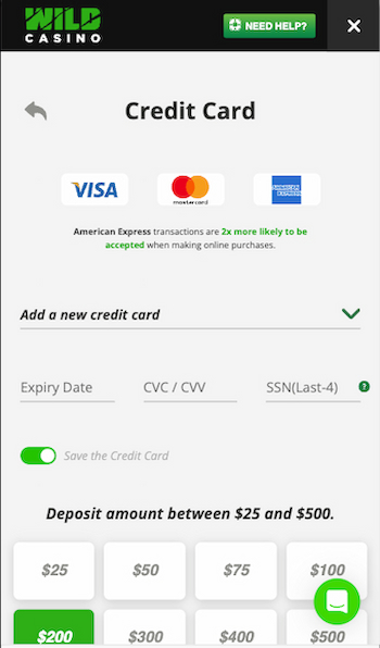 Wild Casino deposit screen