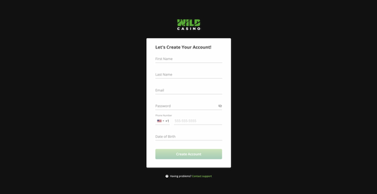 Wild Casino registration form