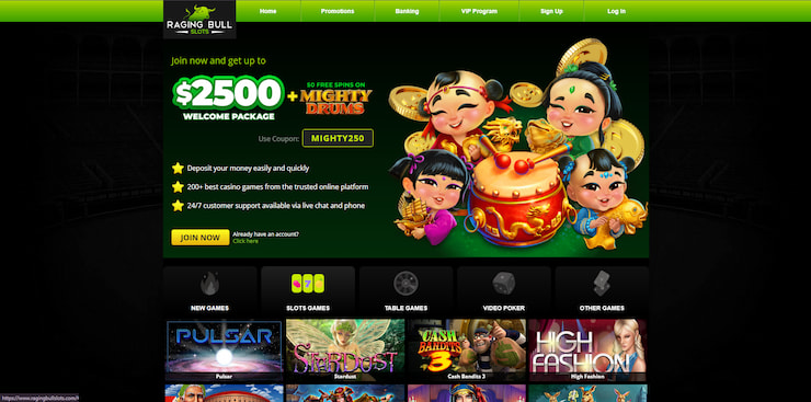 Game selection screen at Raging Bull, a top Colorado online casino offering real money slots and table games