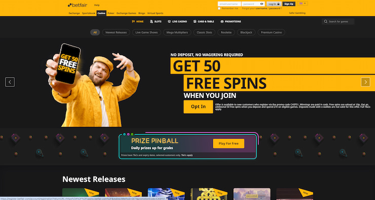 BetFair Casino homepage displaying their no deposit welcome bonus