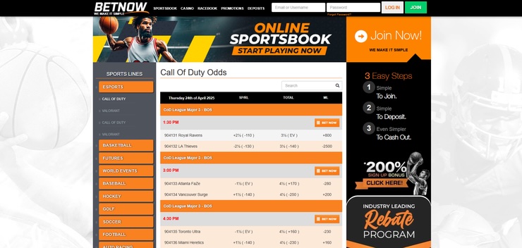 The homepage of BetNow for Oregon sports betting