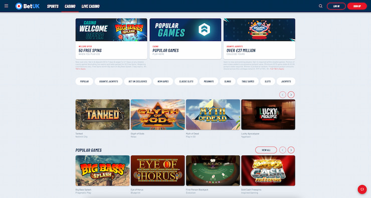 The BetUK Casino homepage displaying their most popular promotions and games.