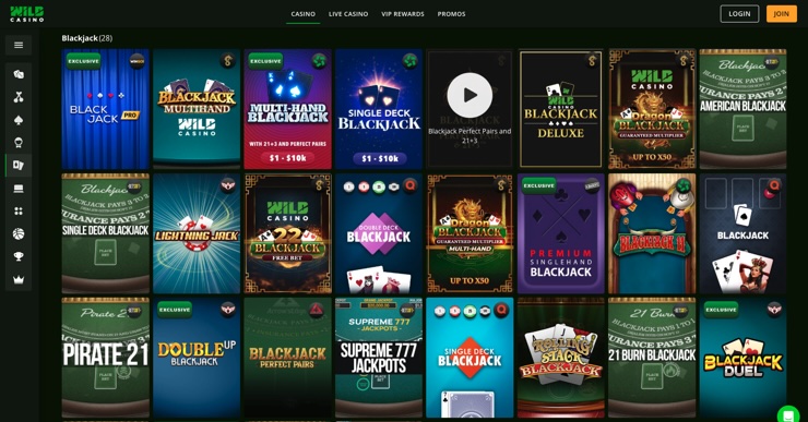 A snapshot of Wild Casino's Blackjack Games