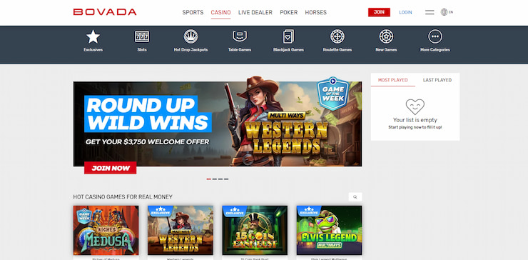 A snapshot of bovada casino's welcome page