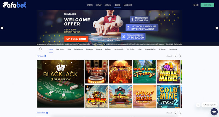 A screenshot of the Fafabet homepage.