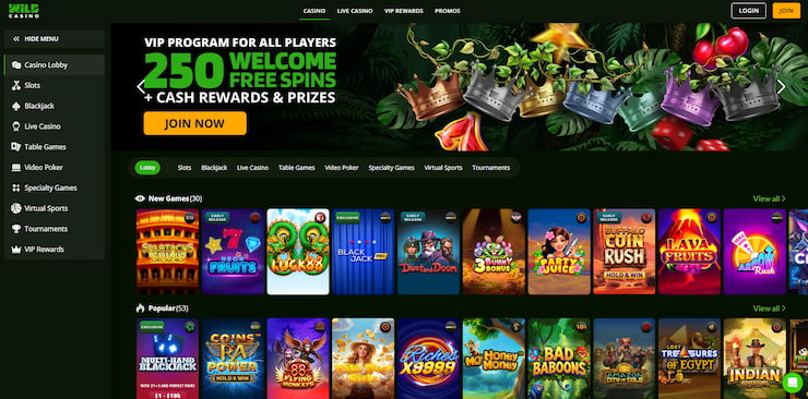 Game library at a Colorado online casino featuring slots, table games, virtual sports, and more