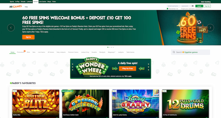 A screenshot of Paddy Power's online casino offerings.