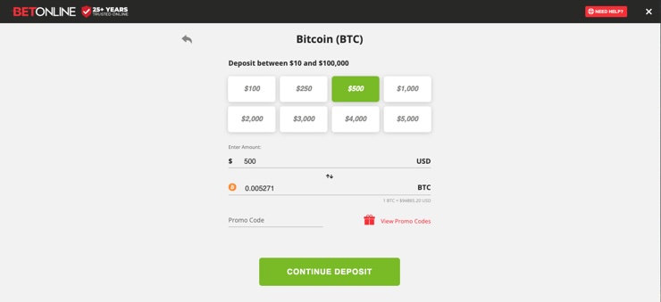 A snapshot of BetOnline Deposit Page