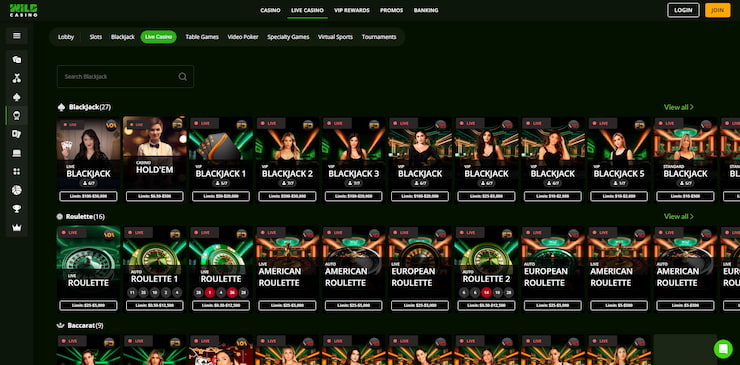 wild casino showcasing live casino game selection