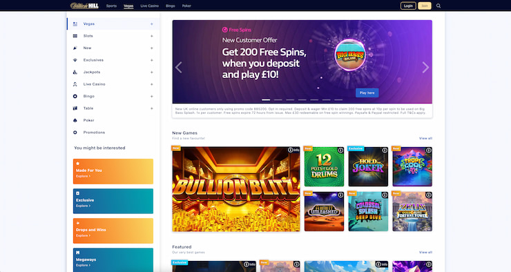 A screenshot of the William Hill Casino homepage.