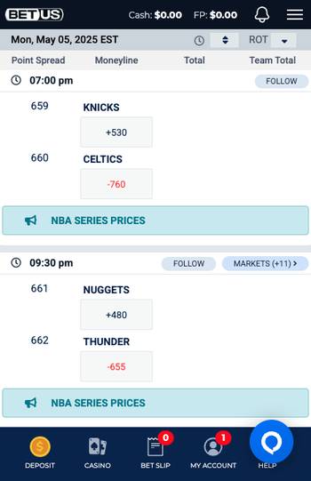 A snapshot of BetUS Mobile Sportsbook