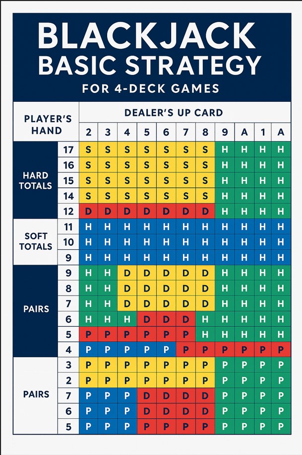 Full-color blackjack basic strategy chart for 4-deck games