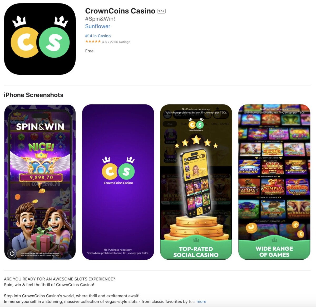 Crown Coins casino app store screenshot for GIN