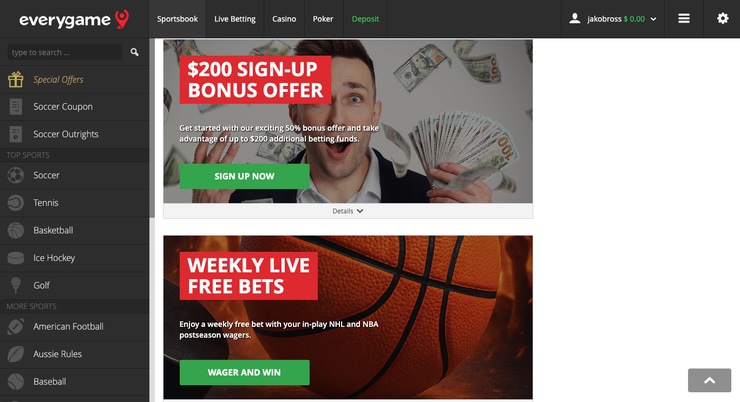 A snapshot of Everygame Sportsbook bonuses