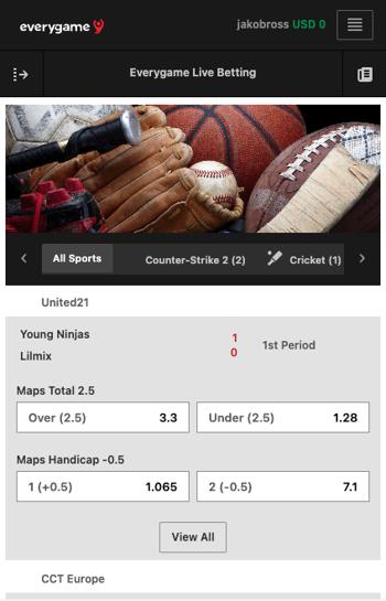 A snapshot of Everygame mobile sportsbetting