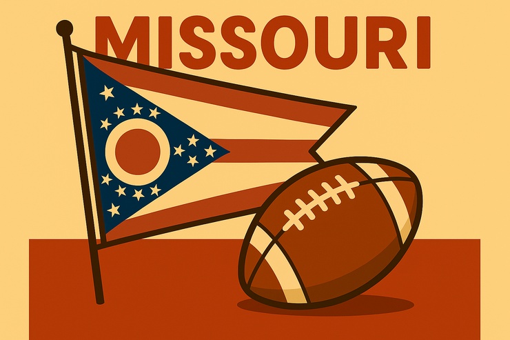 Missouri flag with football illustration representing Missouri sports betting