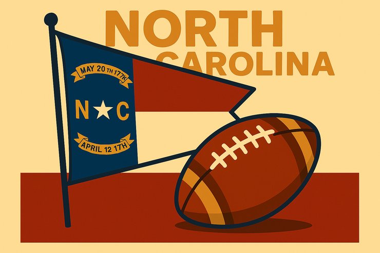 North Carolina flag and football illustration representing sports betting in North Carolina