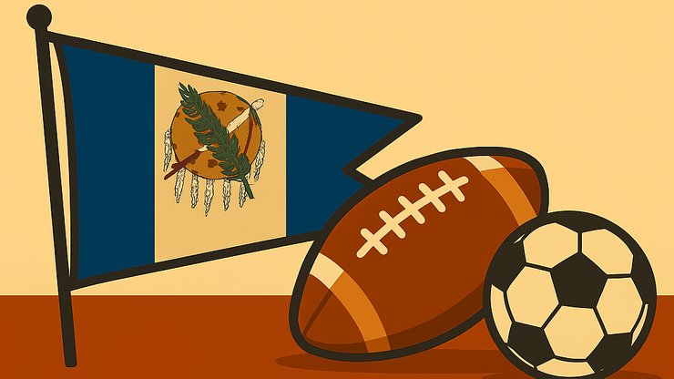 Illustration of Oklahoma sports betting featuring the state flag, a football, and a soccer ball on a retro-style background.