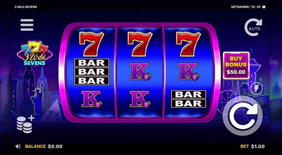 Online slot machine interface with reels, spin button, and player balance
