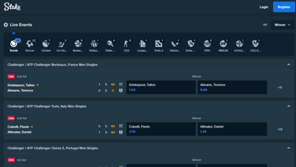 A look at the 'Live Events' section on Stake sportsbook