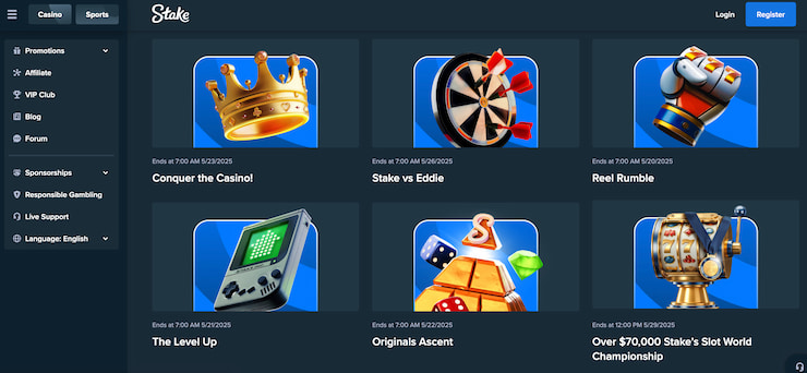 a snapshot of the sports and casino promotions page at stake.com