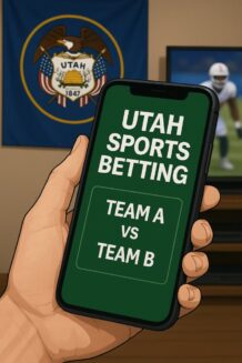 Person holding a smartphone displaying a Utah sports betting screen, with a football game in the background – mobile-friendly visual for Utah sports betting article.