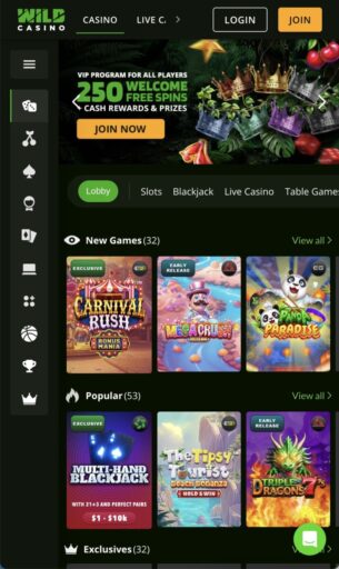 Wild Casino Mobile Homepage
