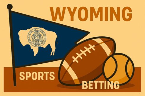 digital illustration featuring the Wyoming state flag and a football, representing Wyoming sports betting.